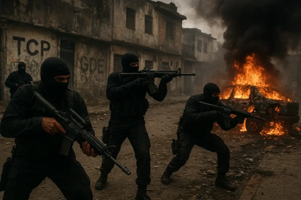 homens com roupas militares pretas e armados mostrando a guerra entre as facções TCP Cangaço e GDE