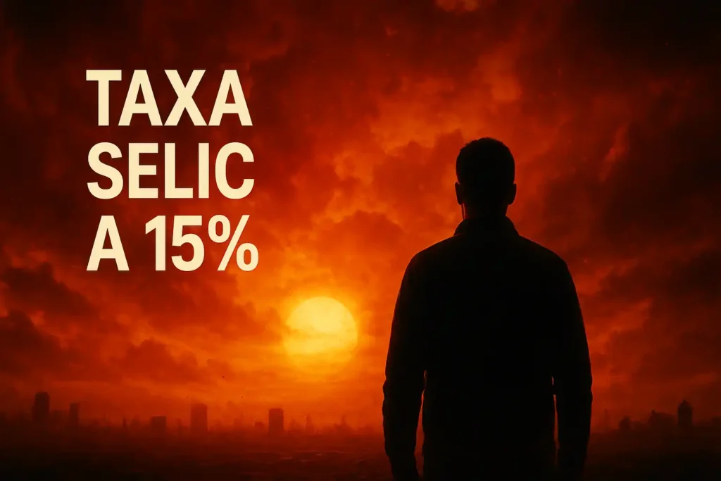 imagem apocalíptica com homem em efeito sombra com o texto: Taxa selic a 15%