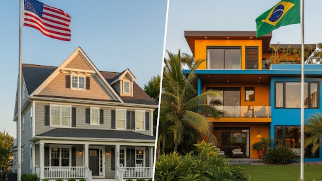Casa americana X casa brasileira mostrando as diferenças de construção entre uma e outra