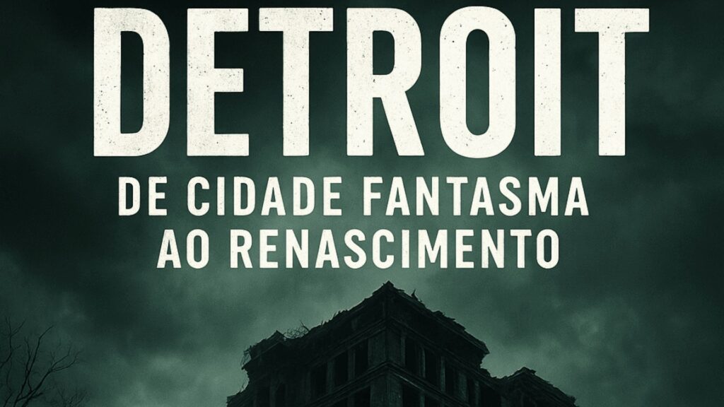 Detroit: De cidade fantasma ao renascimento. Frase escrita em branco e um fundo sombrio