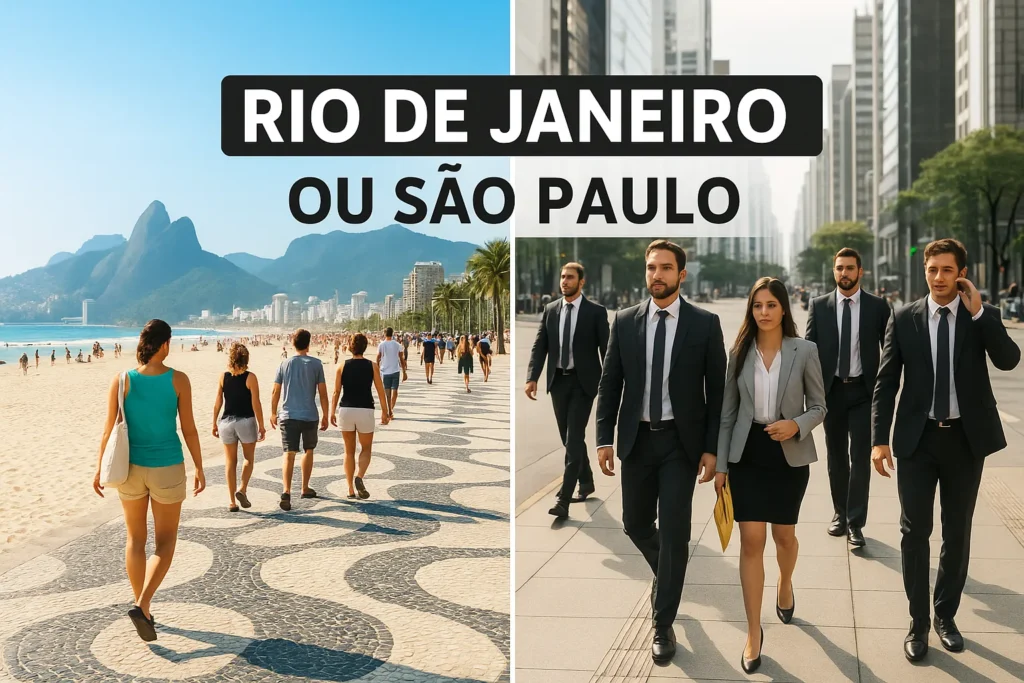 imagem ilustrativa de pessoas no Rio de Janeiro e em São Paulo Fomentando a dúvida: Qual é melhor pra viver